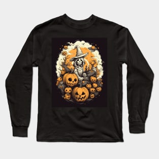 scary dead witch with pumpkins, halloween design Long Sleeve T-Shirt